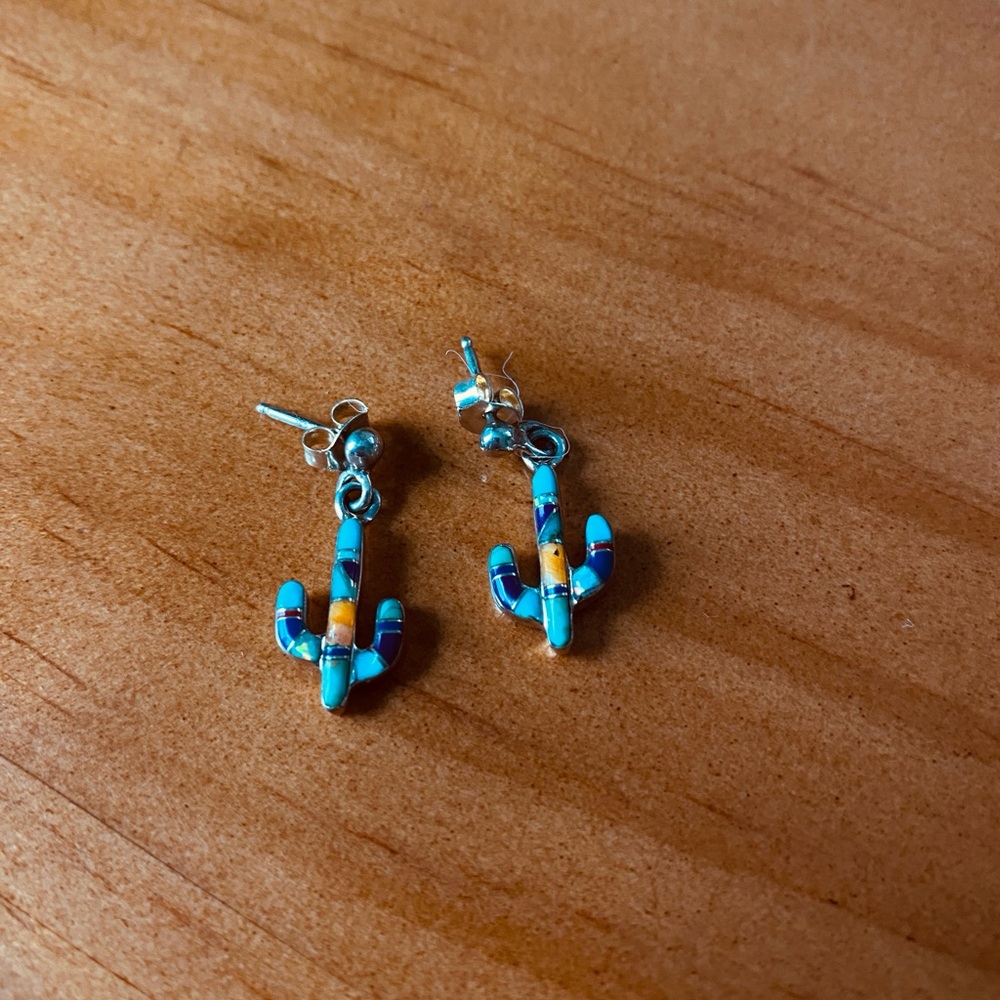 Southwestern Sterling Silver Multistone Inlay Cacti Earrings
